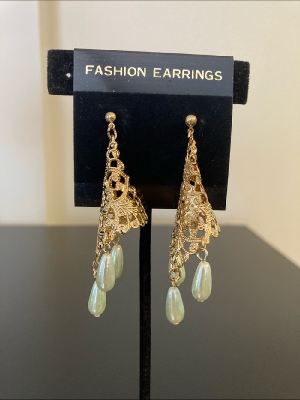 Elegant Gold Filigree Drop Earrings with Pearlescent Green Beads -